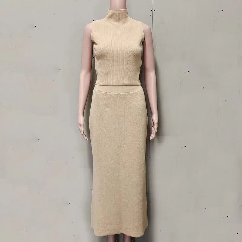 Conjunto Duas Peças de Saia Longa Colete Gola Alta