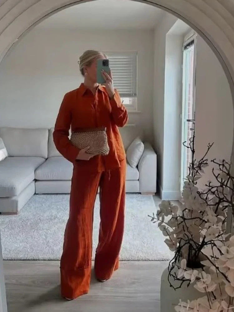 Conjunto Feminina Camisa Gola e Calça Pantalona