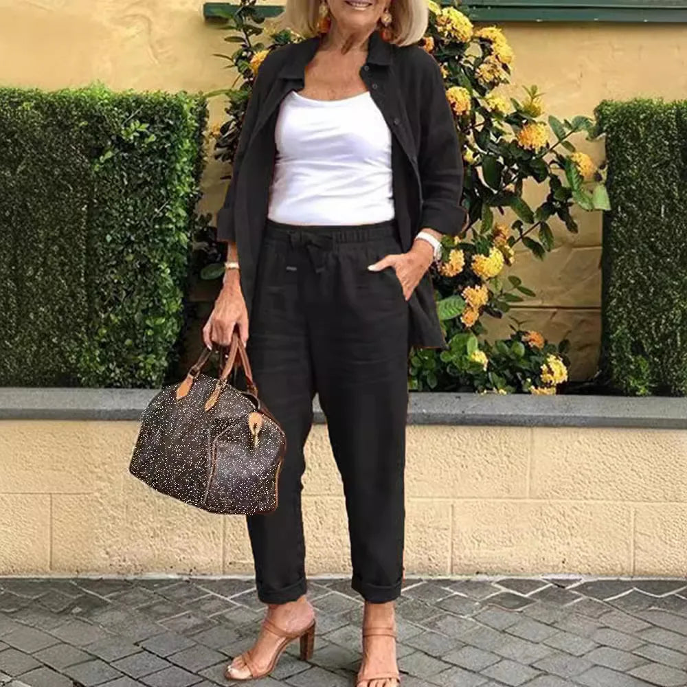 Conjunto Feminino Linho com Calça e Manga Comprida