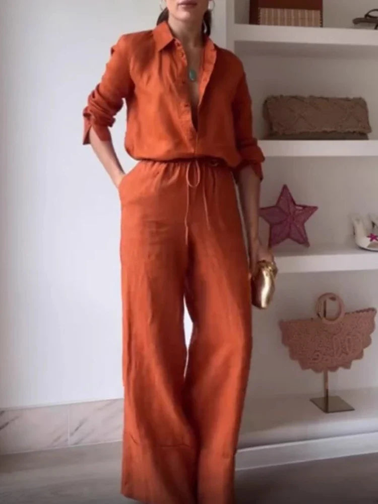 Conjunto Feminina Camisa Gola e Calça Pantalona