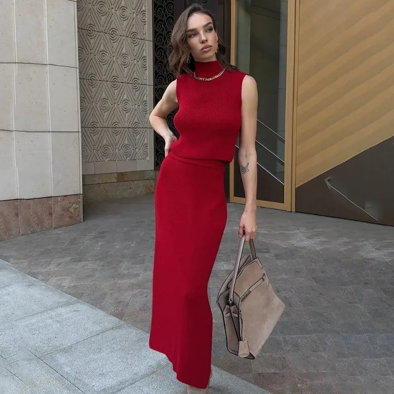 Conjunto Duas Peças de Saia Longa Colete Gola Alta