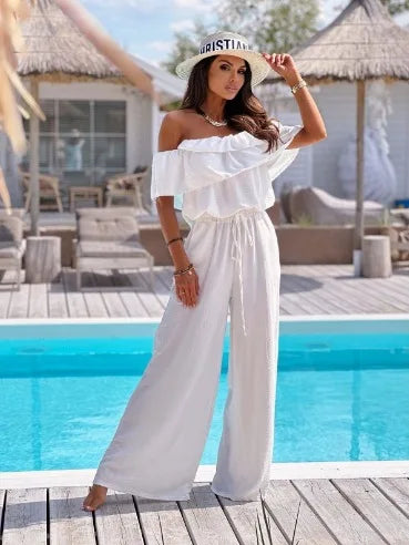 Macacão feminino de perna larga Amarração na Cintura