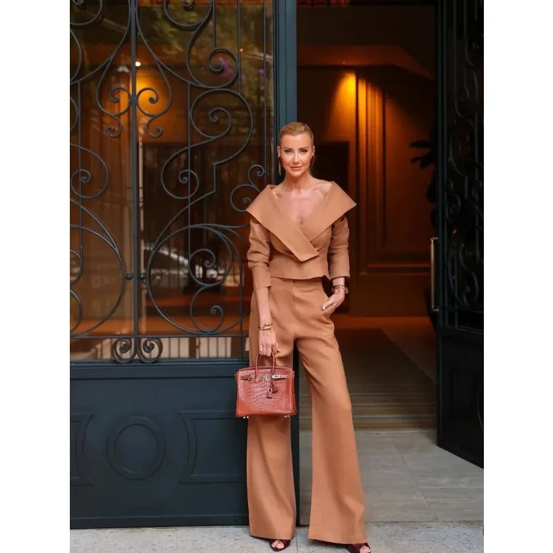 Conjunto Feminino blusa Decote V Calça Pantalona