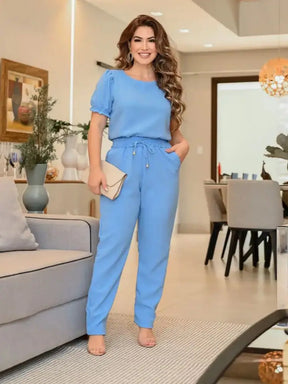 Conjunto Feminino Social Em Linho Blusa Calça Alfaiataria Rennata