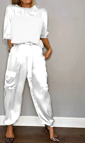 Conjunto de Top de Cetim Liso com Mangas 3/4 e Calça Feminina