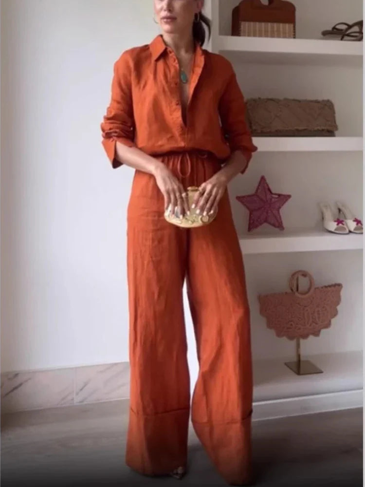 Conjunto Feminina Camisa Gola e Calça Pantalona