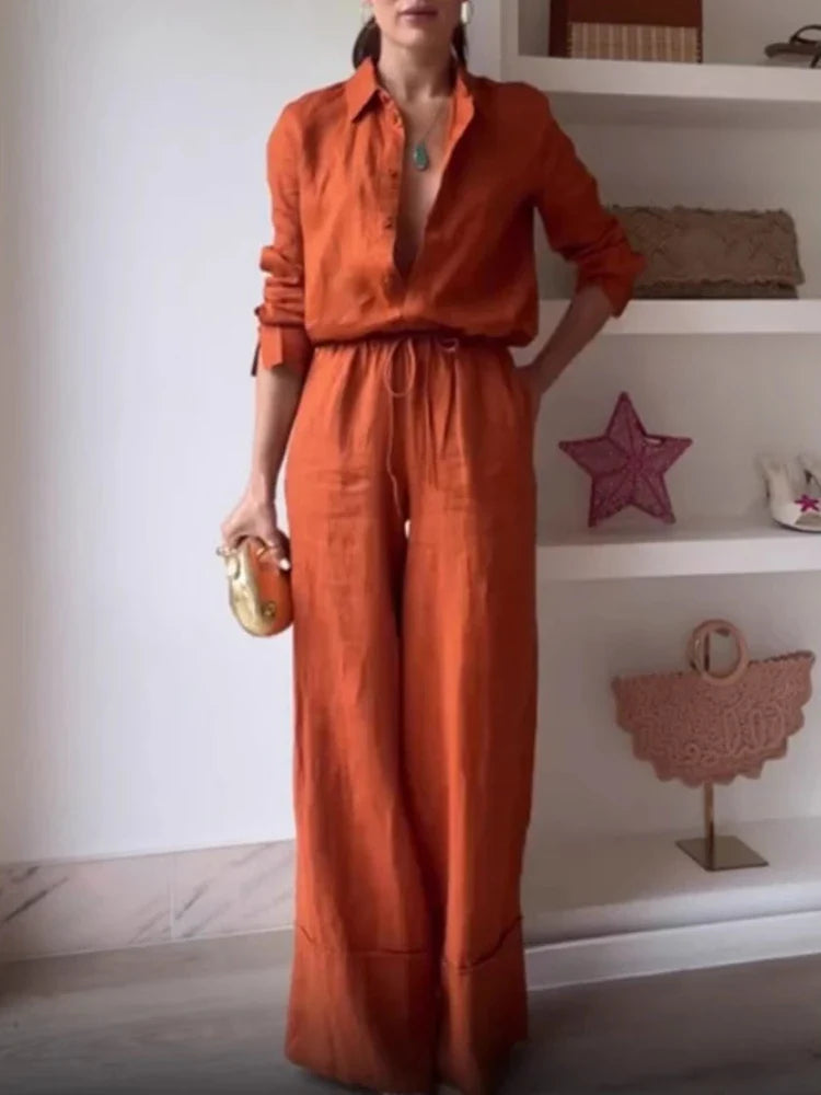 Conjunto Feminina Camisa Gola e Calça Pantalona