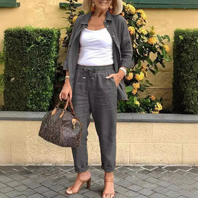 Conjunto Feminino Linho com Calça e Manga Comprida