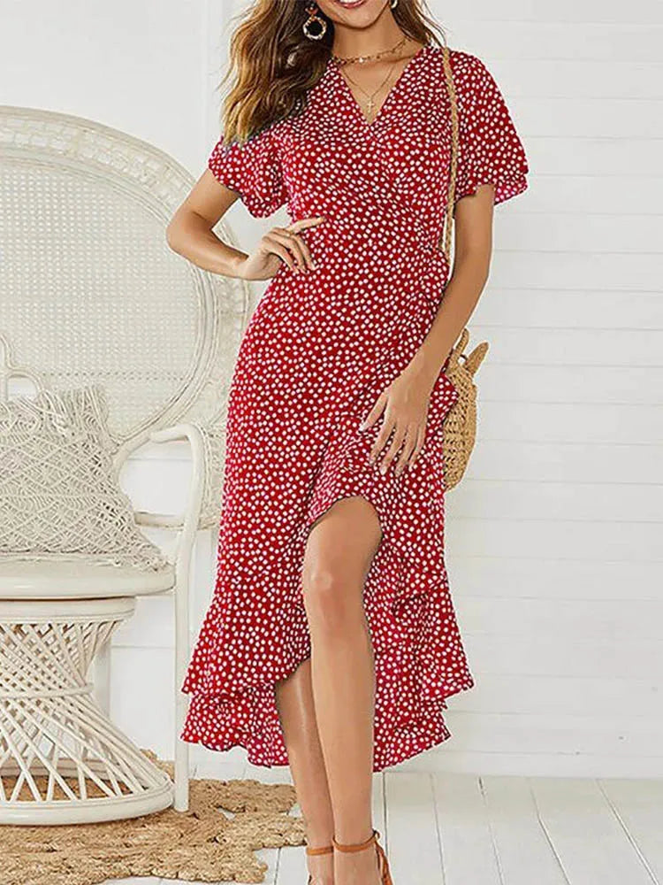 Vestido Longo de Chiffon Babado Decote V