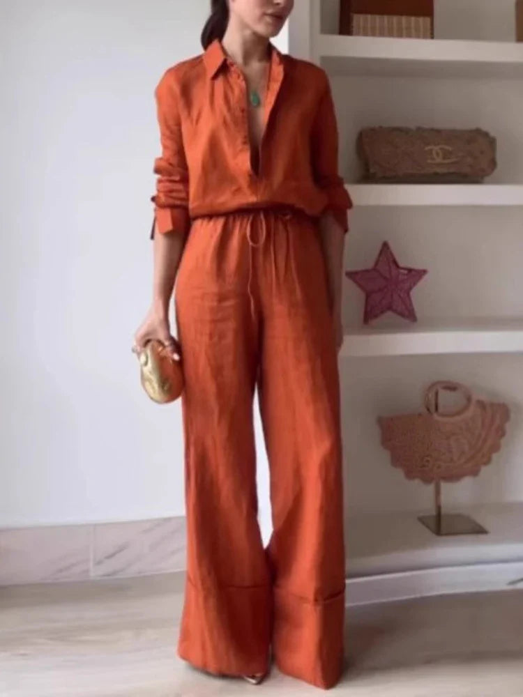 Conjunto Feminina Camisa Gola e Calça Pantalona