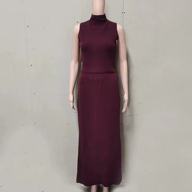 Conjunto Duas Peças de Saia Longa Colete Gola Alta